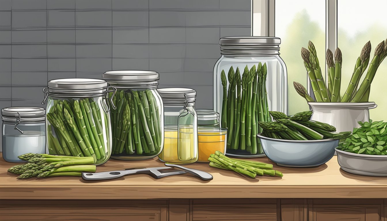 A kitchen counter with canning jars, fresh asparagus, a pot of boiling water, tongs, and a cutting board