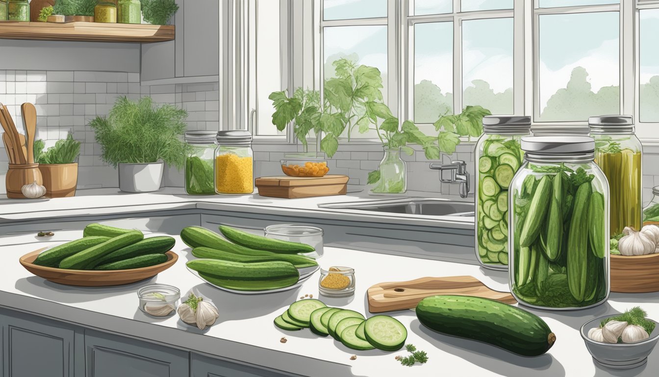 A hand reaching for fresh cucumbers, dill, and garlic, surrounded by jars, vinegar, and spices on a clean kitchen counter