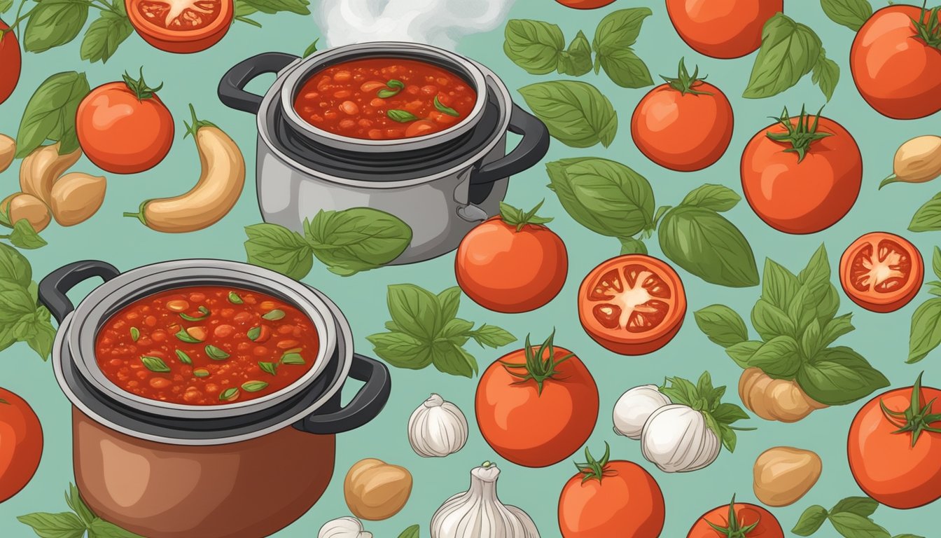 A pot of simmering marinara sauce on a stovetop, surrounded by fresh tomatoes, basil, garlic, and other ingredients