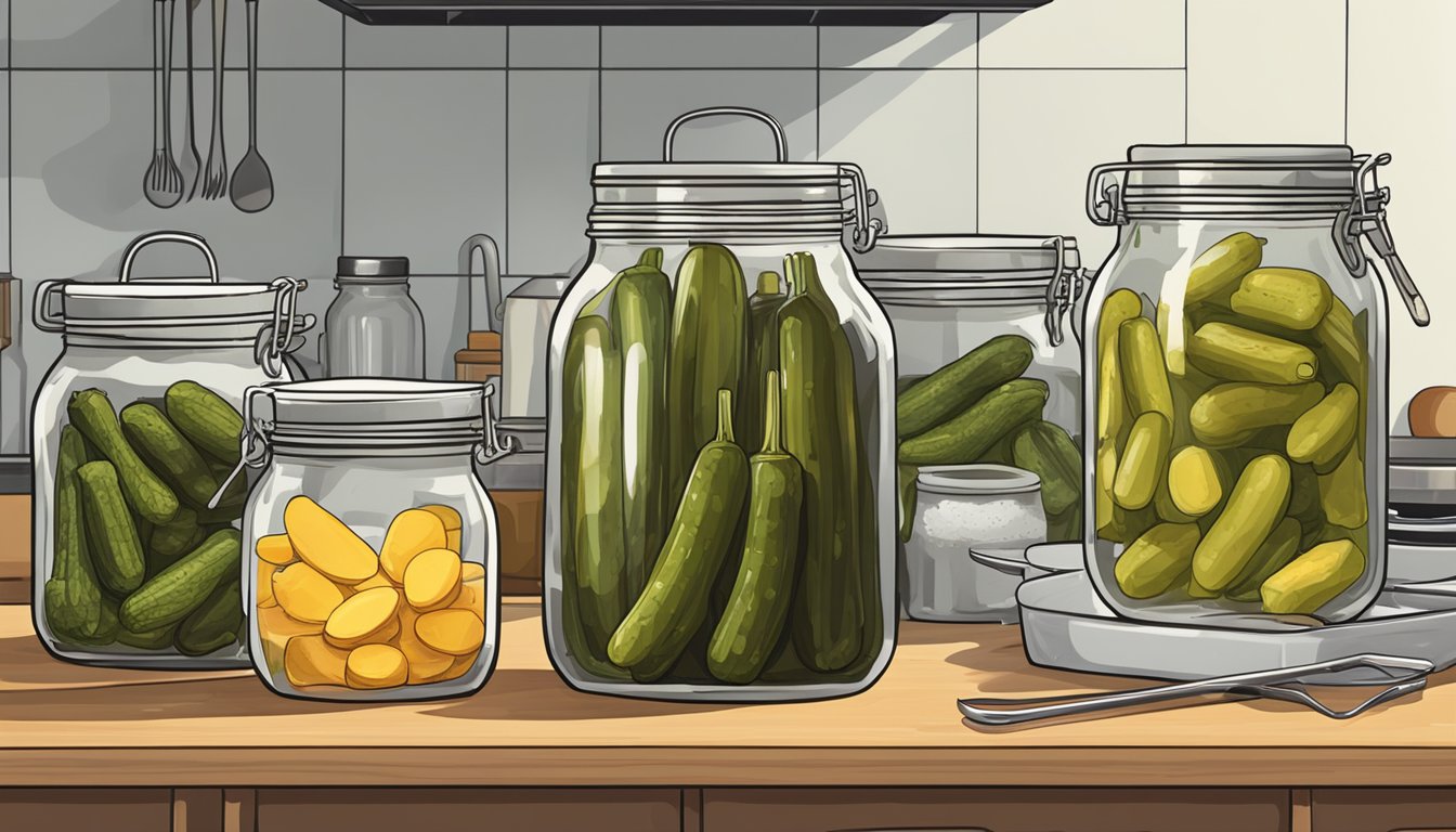 Various jars of specialty pickles lined up next to a pot of boiling brine on a stovetop. A pair of tongs hovers over the jars, ready to transfer the pickles