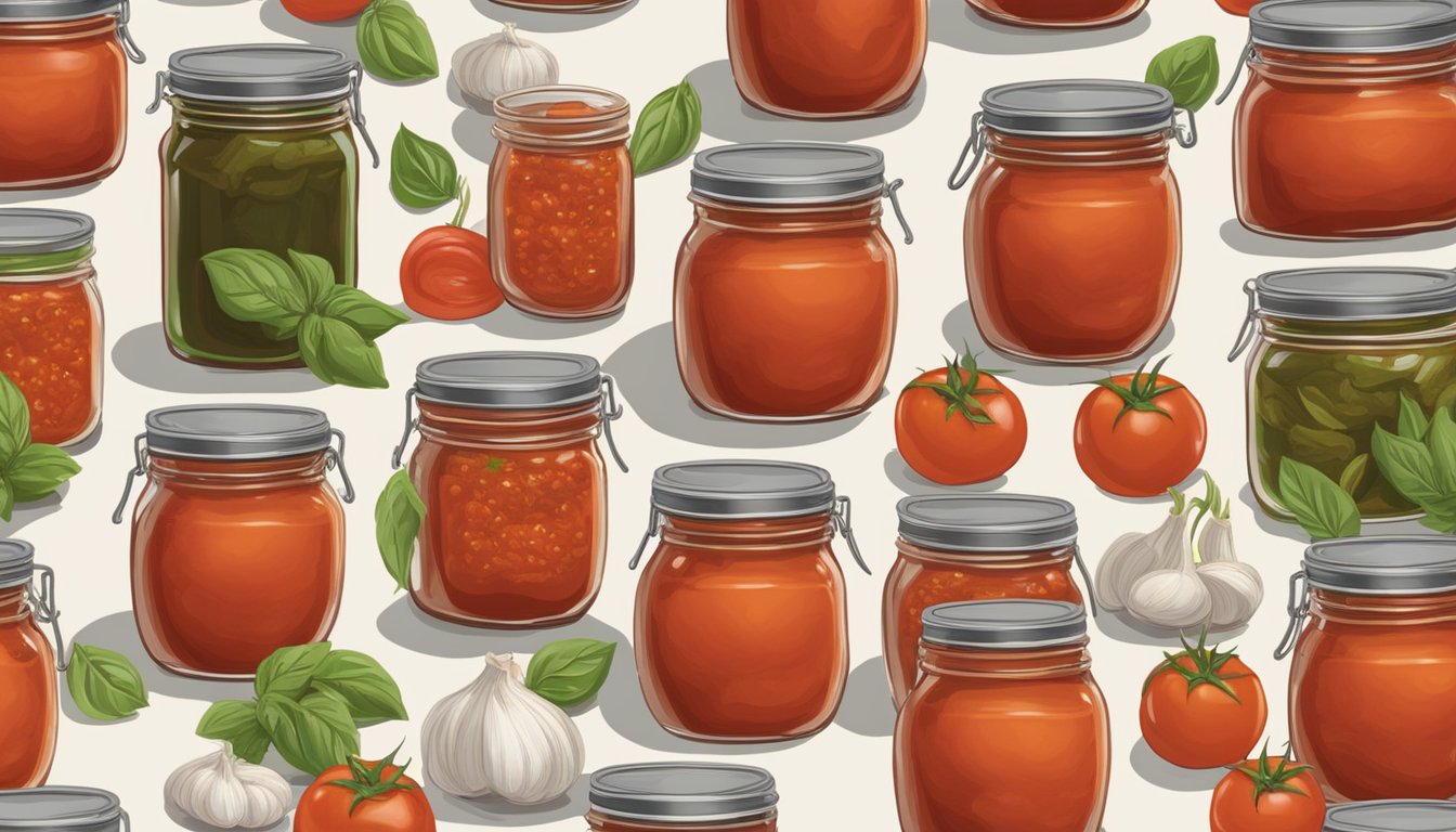 A pot of homemade marinara sauce simmering on the stove, surrounded by fresh tomatoes, basil, and garlic. Jars of canned marinara sauce lined up on the counter