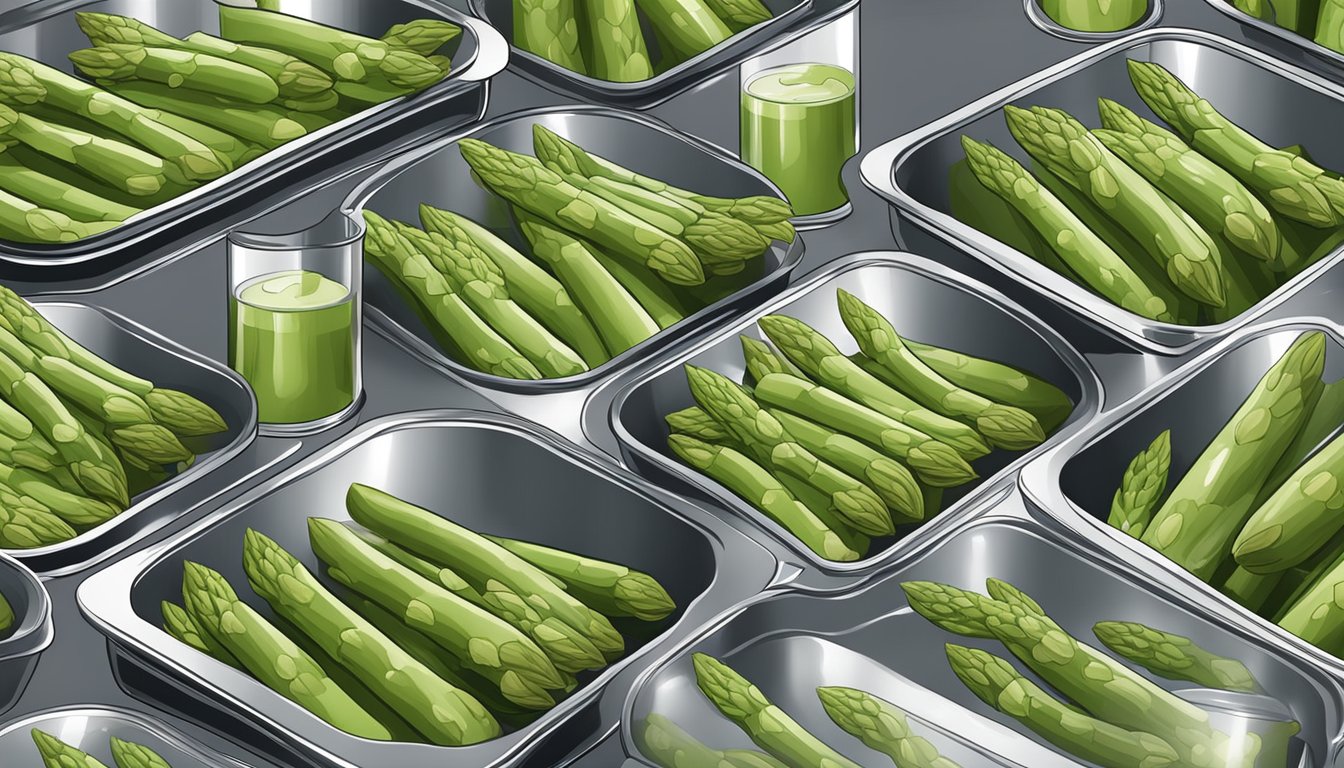 Fresh asparagus being washed, trimmed, and packed into sterilized jars. Boiling water poured over the asparagus before sealing the jars for canning