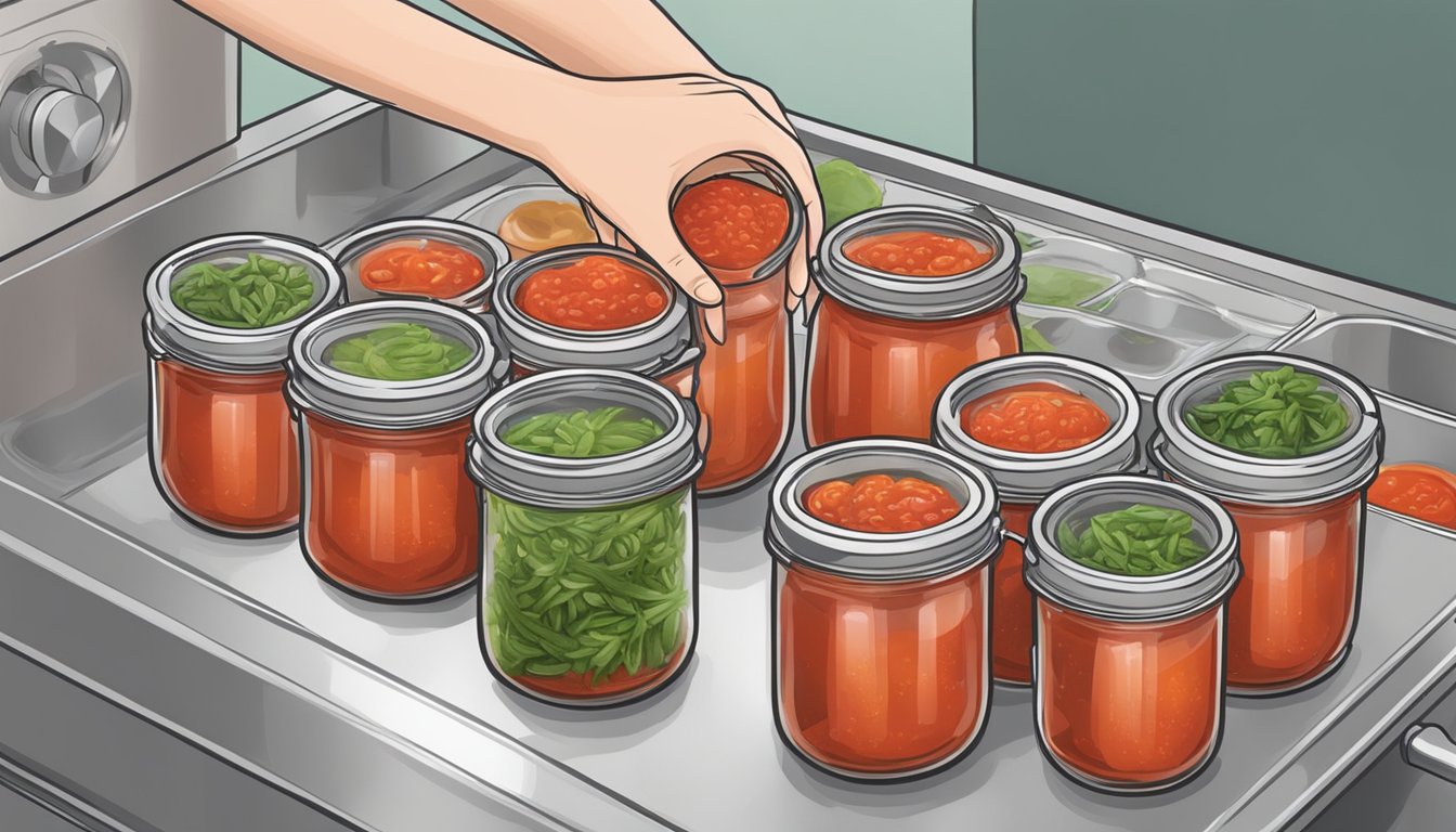 A person pouring homemade marinara sauce into sterilized jars, sealing them, and placing them in a boiling water bath canner