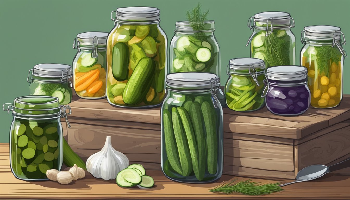 A table with jars of colorful homemade pickles, surrounded by fresh cucumbers, dill, and garlic. A canning pot and various utensils are nearby