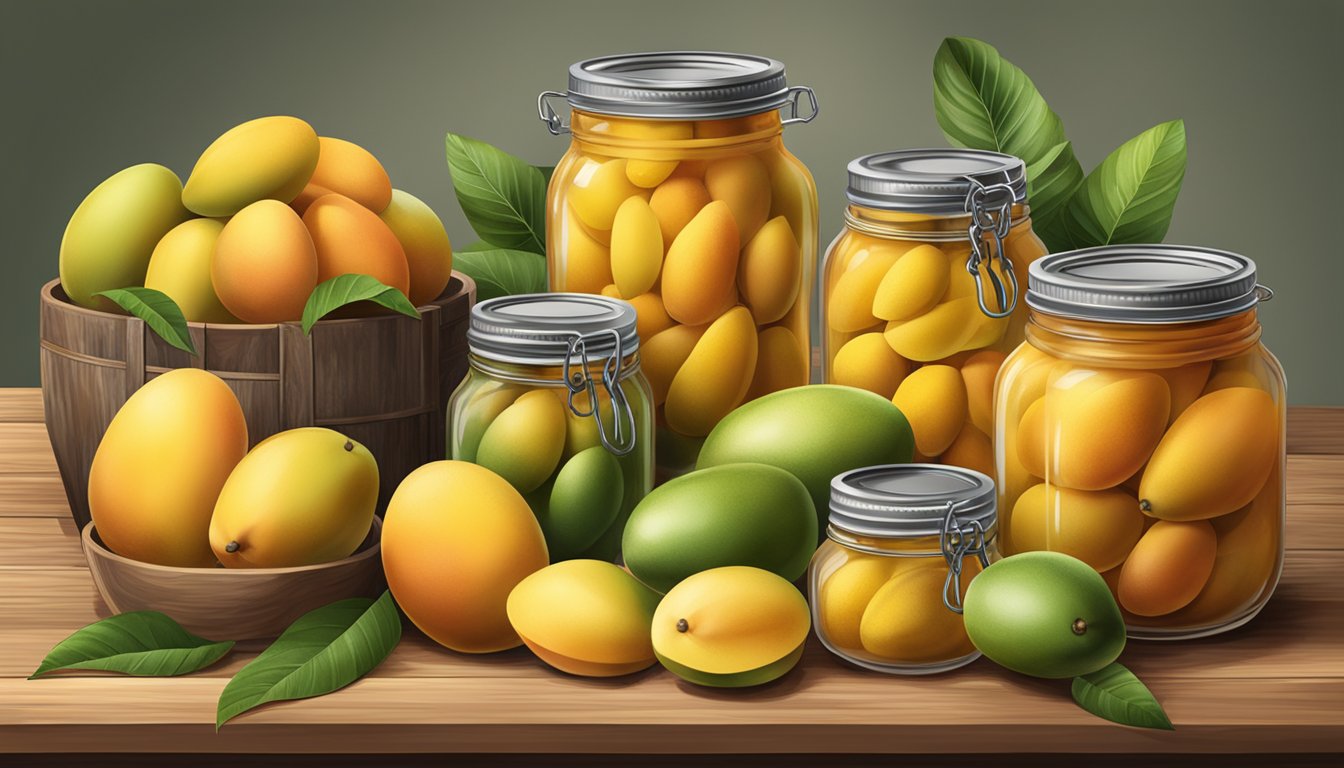 A variety of mangoes arranged on a wooden table, surrounded by canning jars and equipment