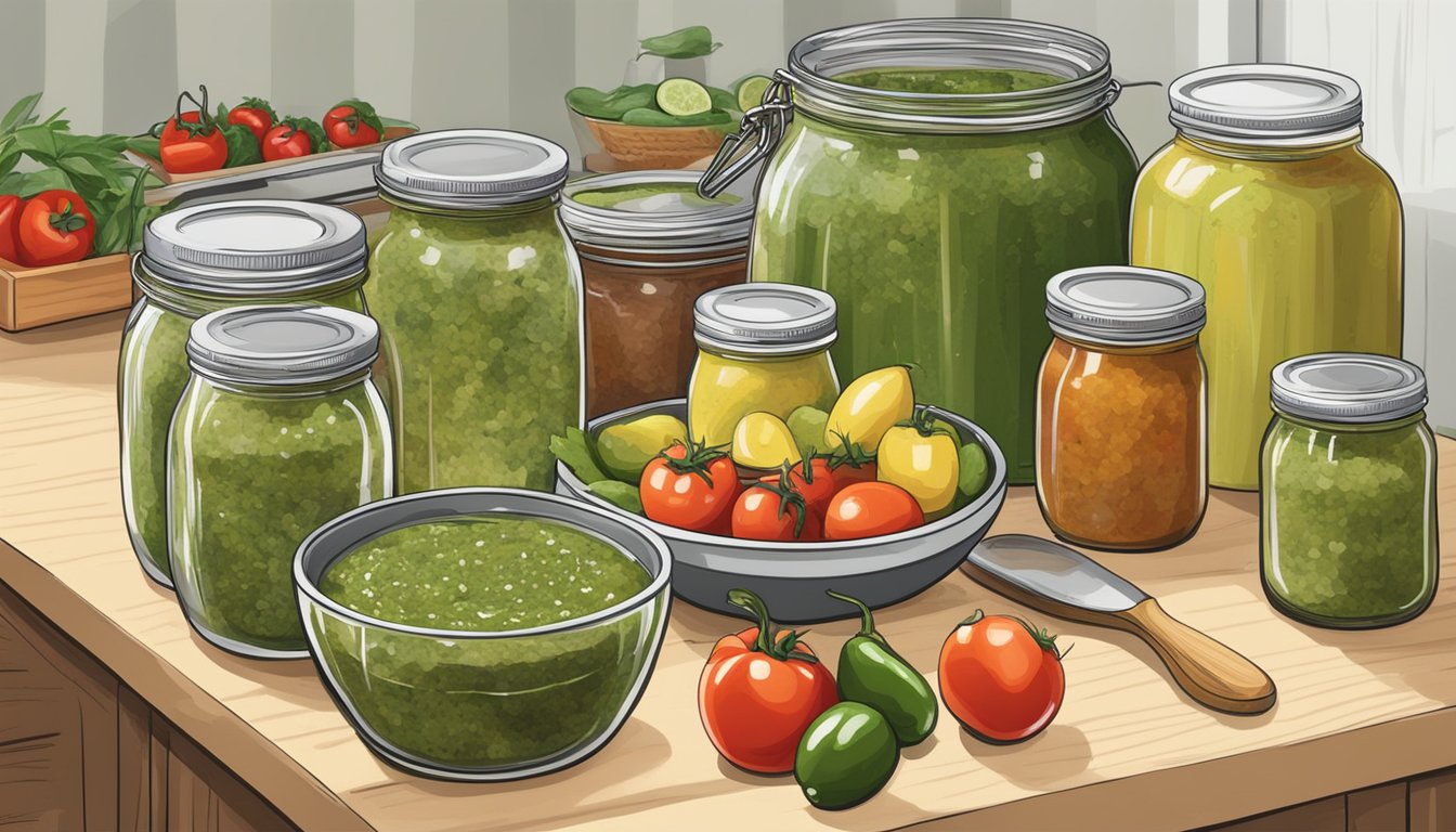 A kitchen counter with jars of homemade salsa verde, fresh ingredients, and canning tools