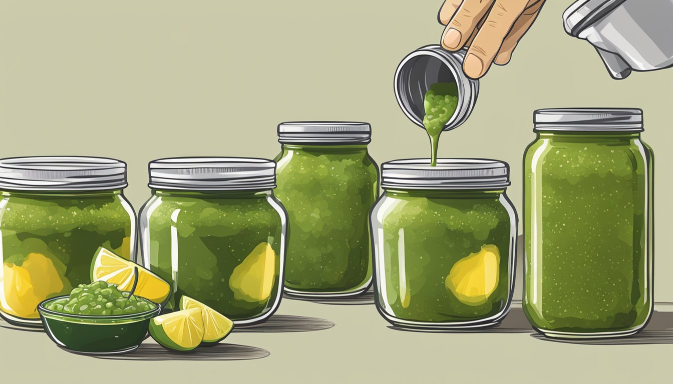 Freshly made salsa verde being poured into glass jars and sealed with lids