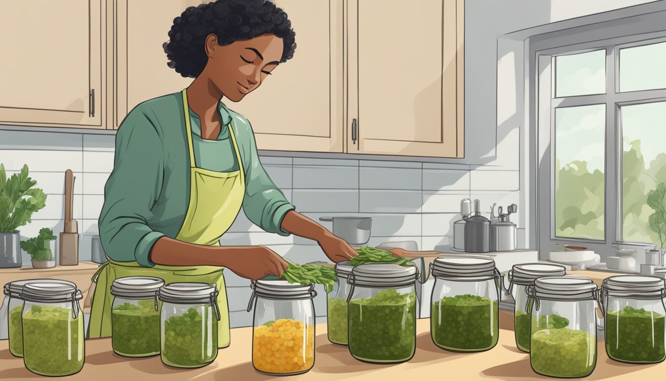 A person wearing an apron stands in a clean, well-lit kitchen, carefully sealing jars of homemade salsa verde with a pressure canner on the stove