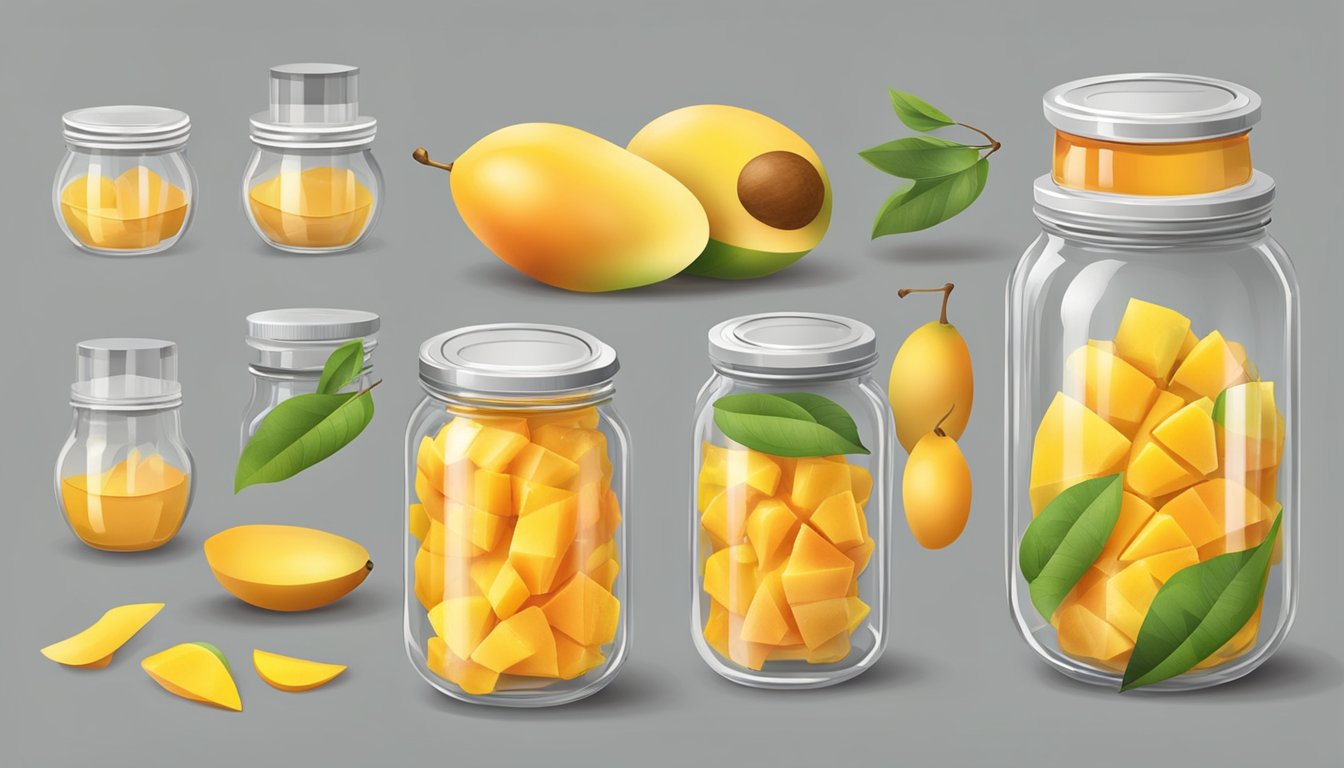 Fresh mangoes being peeled, sliced, and placed into glass jars. Jars are then filled with a sweet syrup and sealed with lids