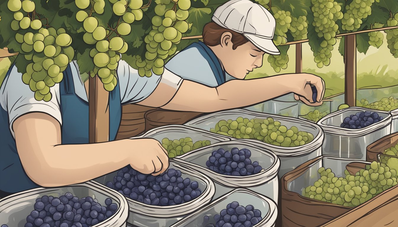 A person carefully selecting ripe grapes and placing them into jars for canning