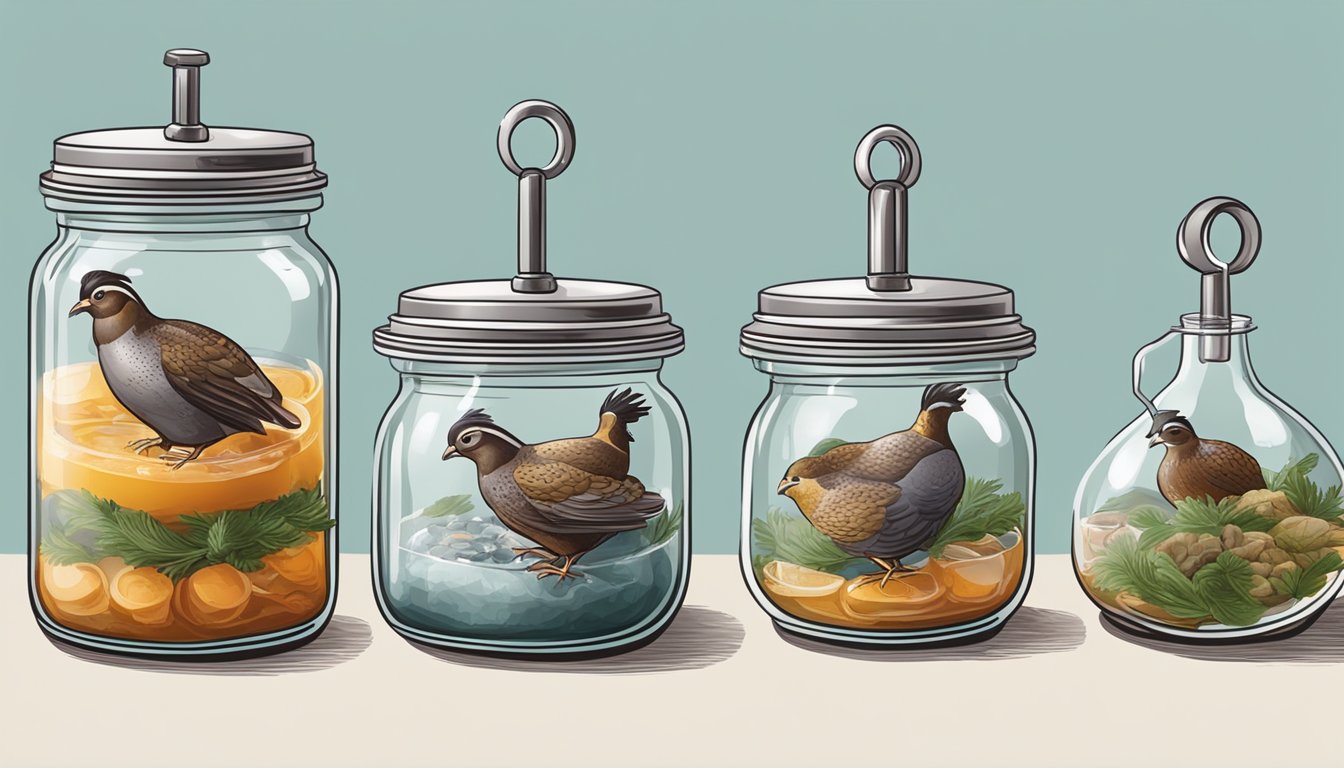 Quail meat being placed into glass jars, sealed with lids, and submerged in a boiling water bath for preservation