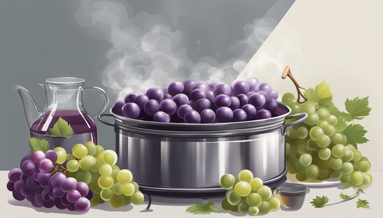 Grapes being placed in glass jars, surrounded by boiling syrup in a large pot on a stove