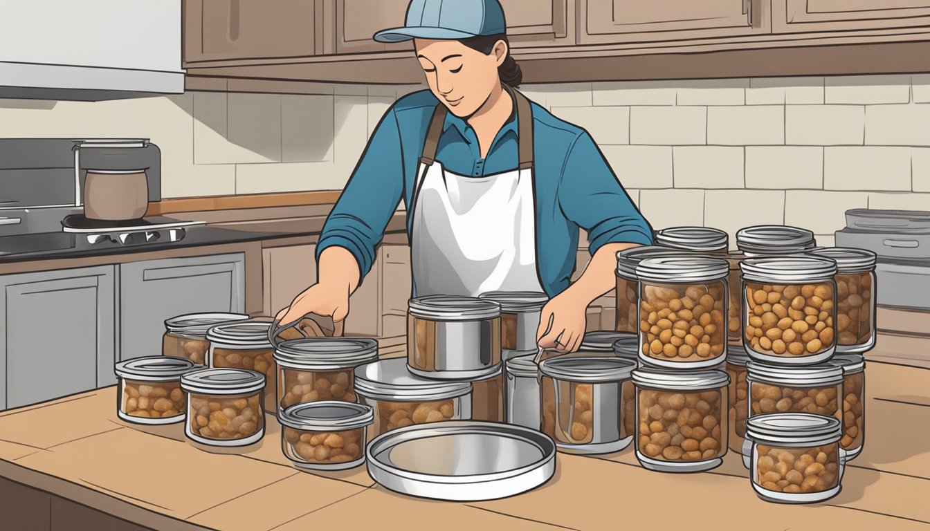 A person sealing jars of canned quail meat with a pressure canner on a sturdy, heat-resistant surface