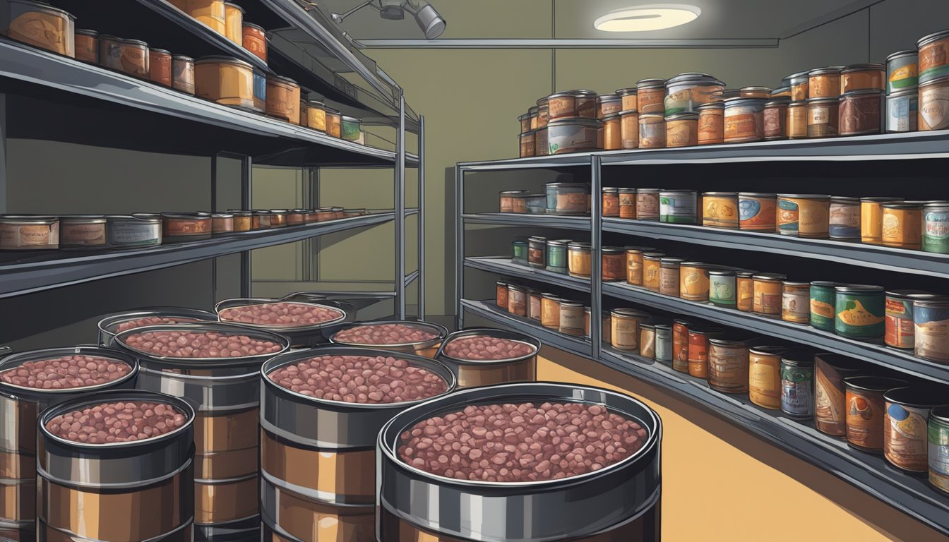 Quail meat being sealed in cans with a canning machine, surrounded by shelves of labeled canned meat in a dimly-lit storage room