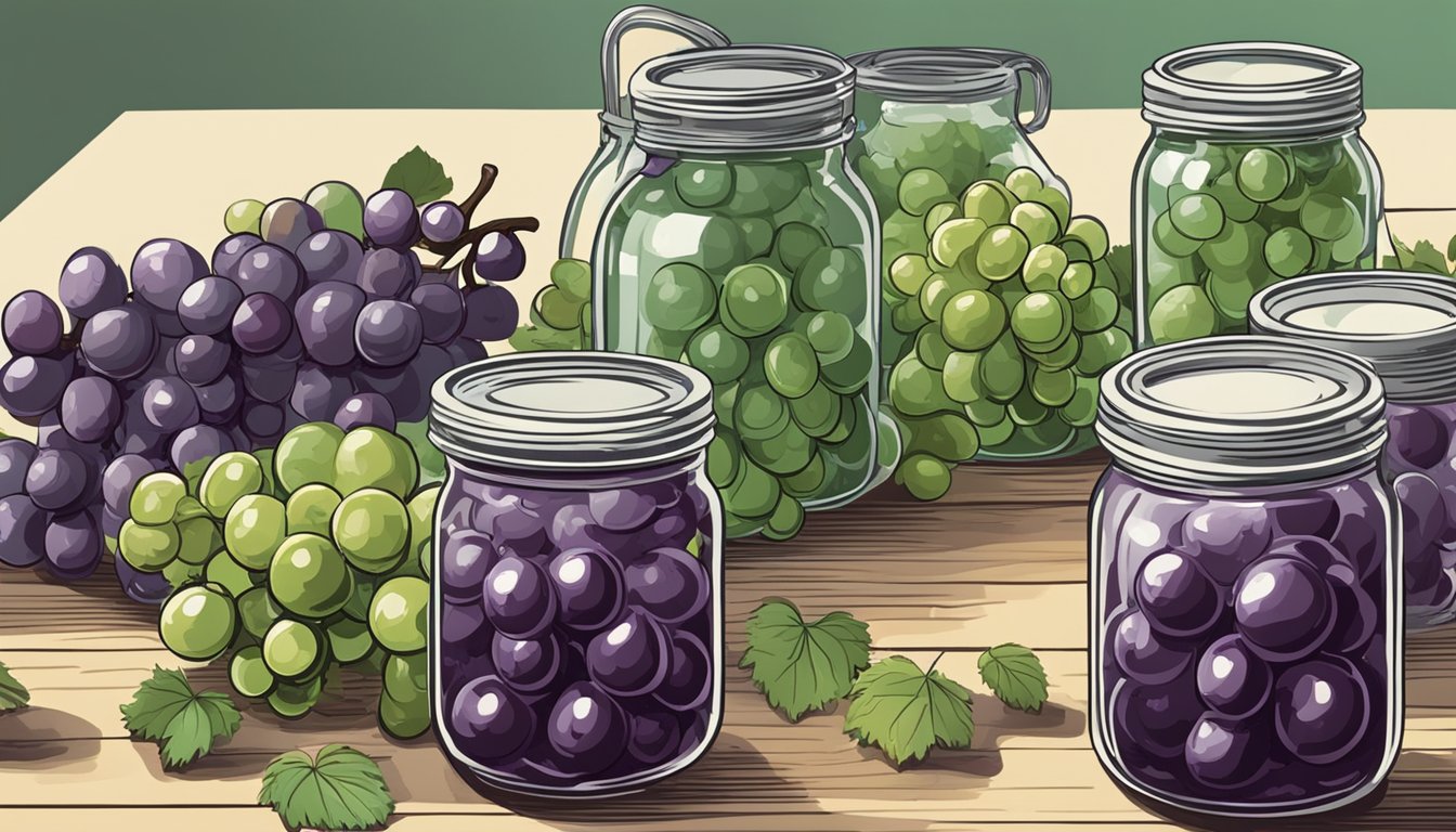 Fresh grapes being washed, stemmed, and packed into glass canning jars. A boiling sugar syrup is poured over the grapes before sealing the jars