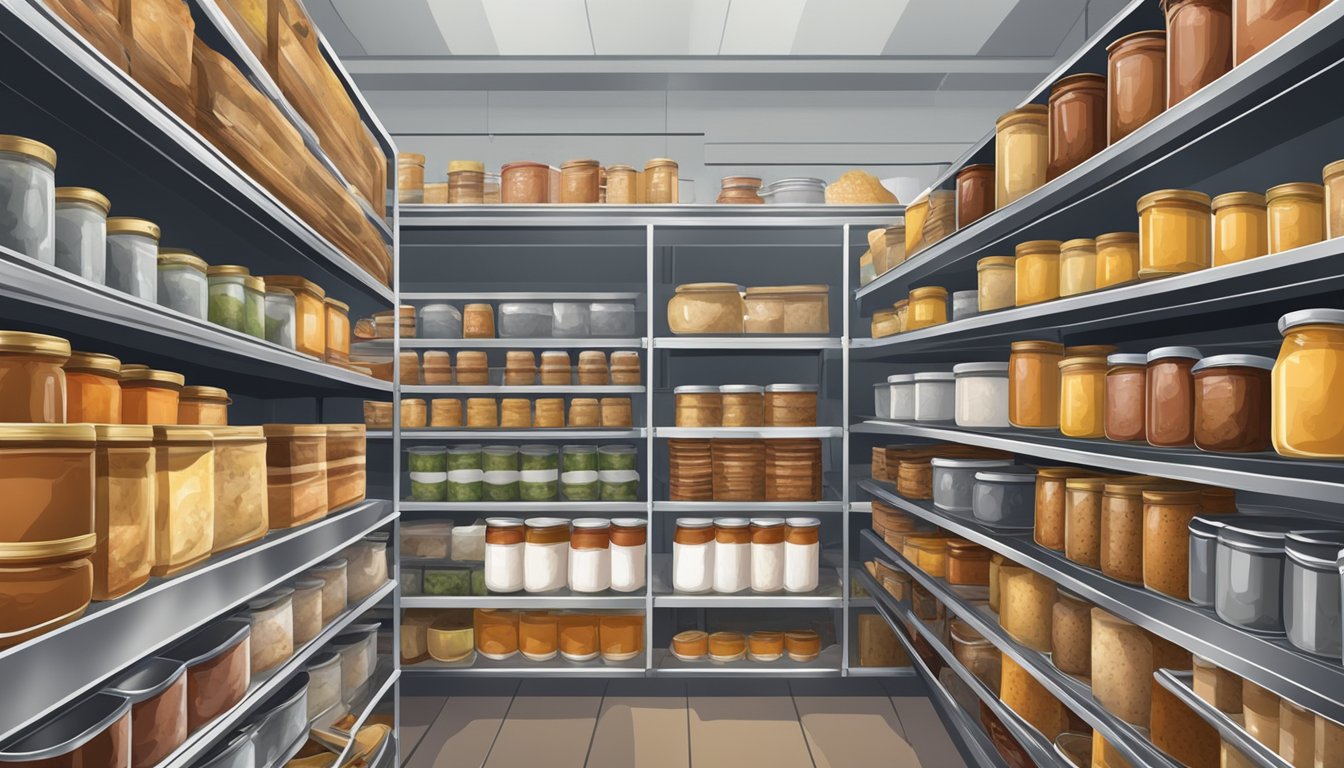 Quail meat being sealed in metal cans, surrounded by shelves of preserved food in a well-stocked pantry