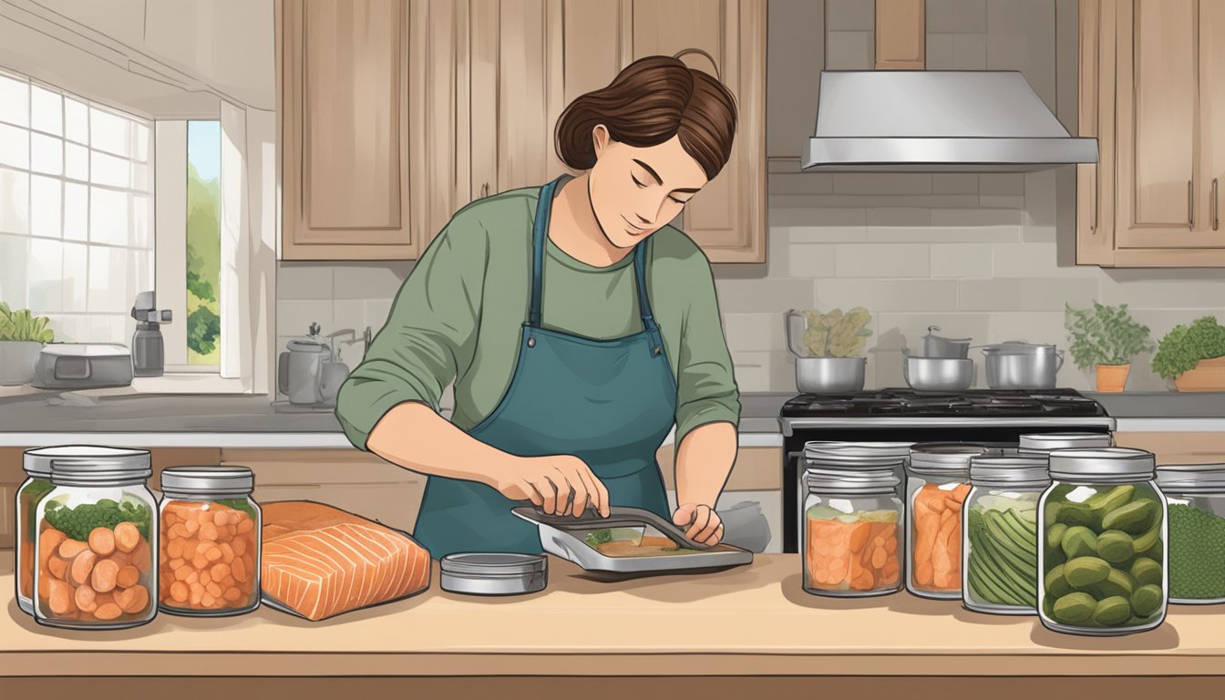 A person sealing jars of canned salmon with a pressure canner on a kitchen counter