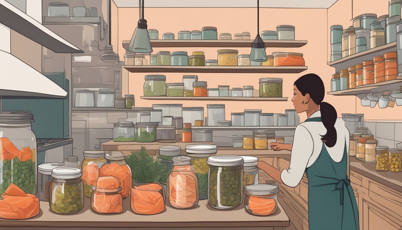 A person in a kitchen, surrounded by jars and cans of salmon, carefully selecting and preparing high-quality ingredients for canning