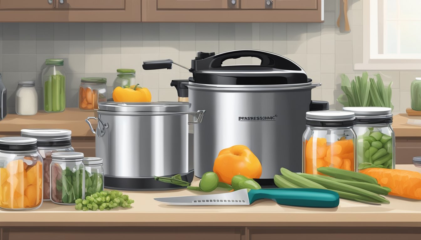 A stainless steel pressure canner surrounded by jars, tongs, and a fillet knife on a clean, organized kitchen counter