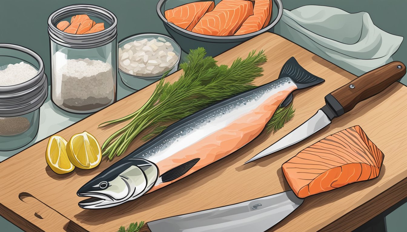 A clean, organized kitchen counter with a cutting board, knife, and freshly caught salmon ready for canning