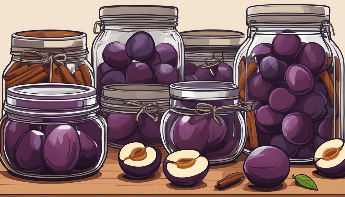 Ripe plums being washed, pitted, and placed in glass jars, surrounded by cinnamon sticks and cloves, ready for canning