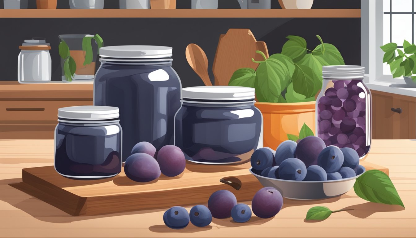 A kitchen counter with a boiling water canner, jars, lids, and a ladle, surrounded by fresh plums and a cutting board