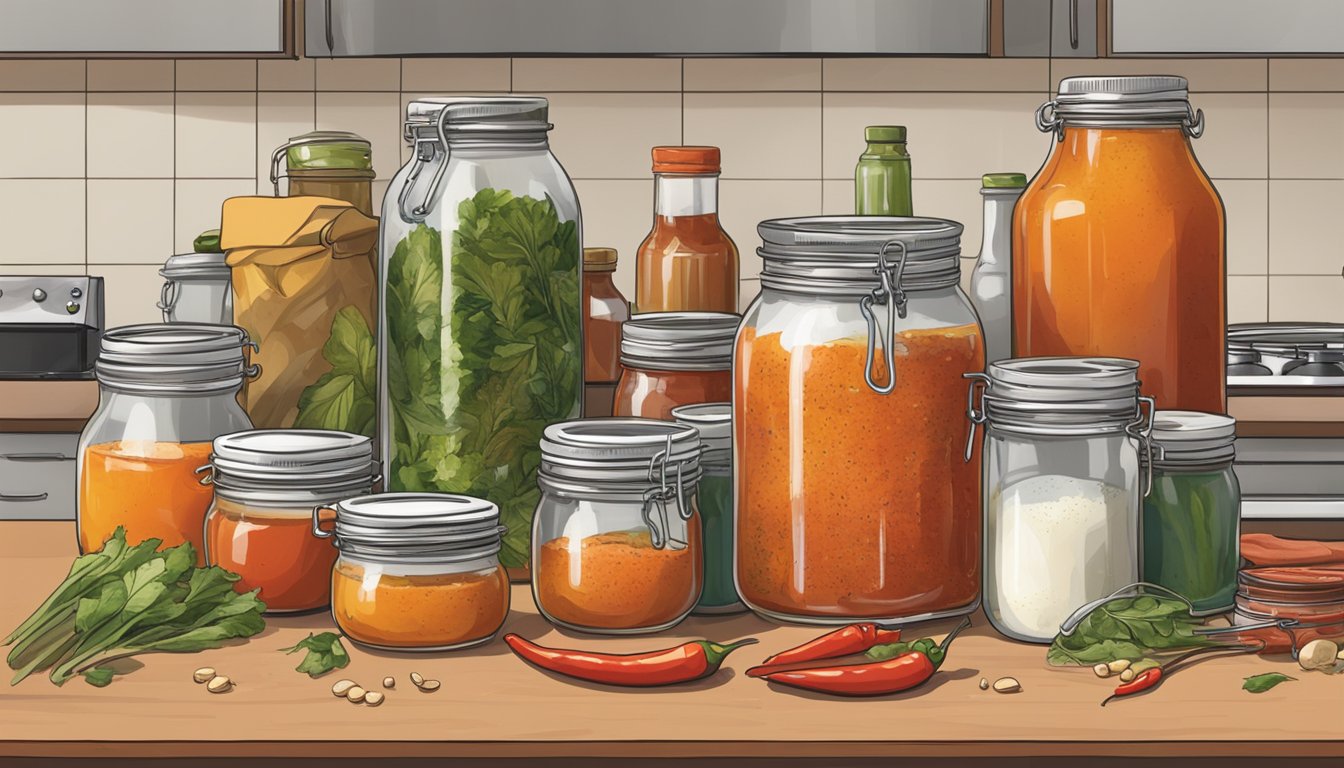 A kitchen counter with jars of homemade hot sauce being filled and sealed. Ingredients and canning equipment are scattered around