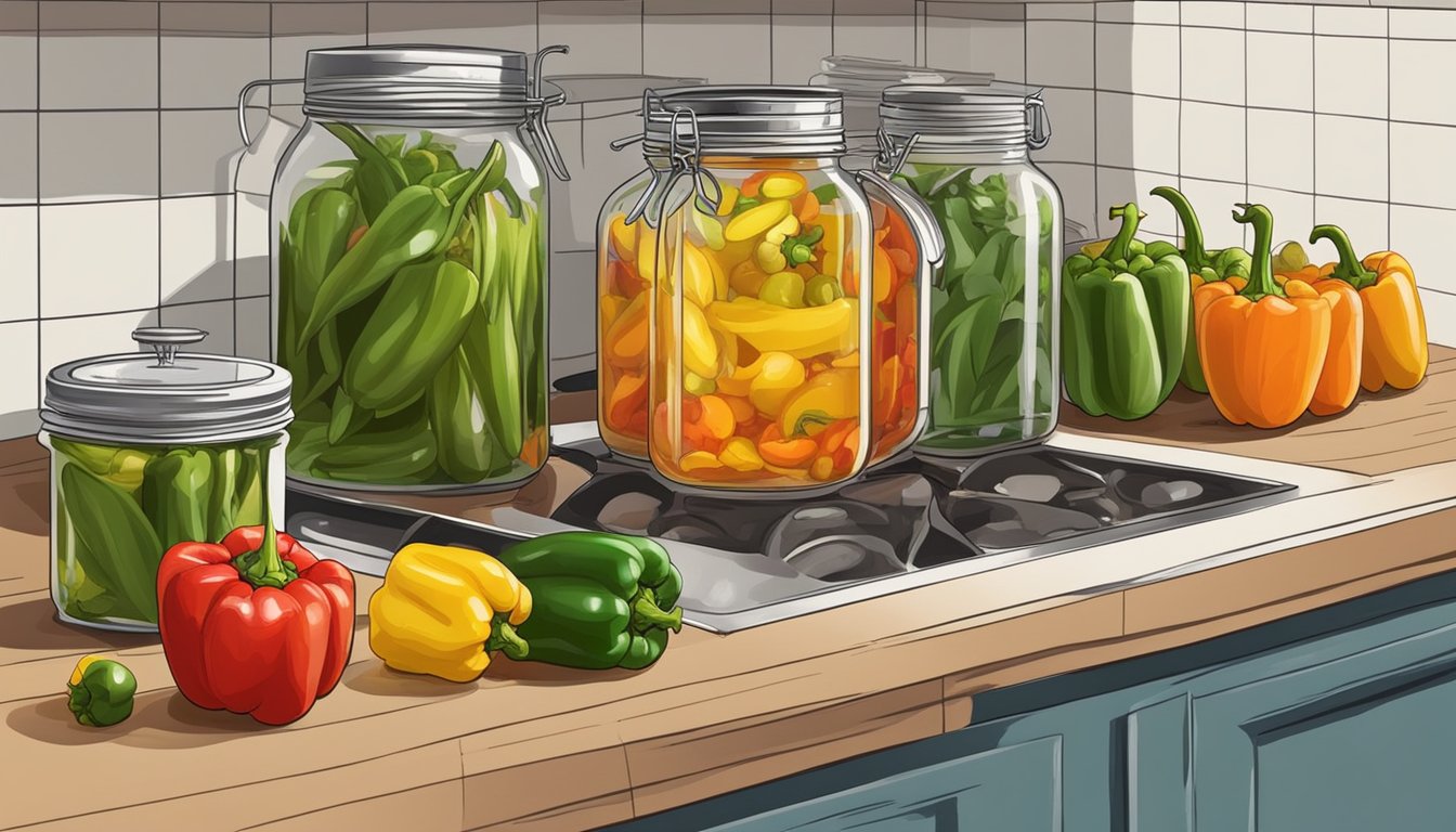 Fresh peppers, garlic, and vinegar arranged on a kitchen counter, with canning jars and a pot of boiling water nearby