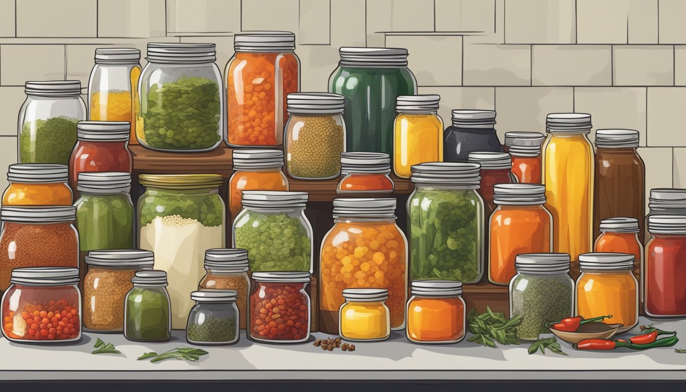 A table filled with colorful jars and bowls of pickling spices, vinegar, and peppers, surrounded by pots and pans for canning homemade hot sauce