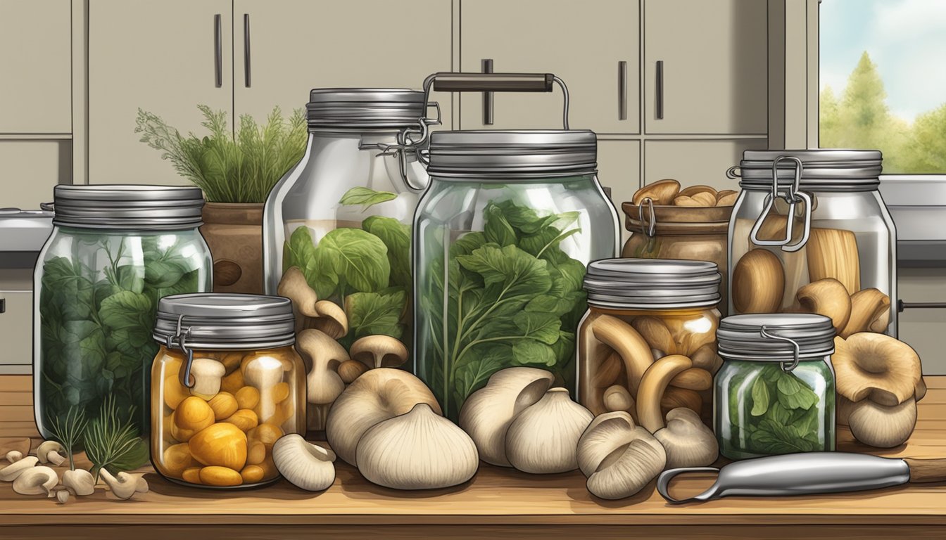 A kitchen counter with jars, mushrooms, a pot, and various canning tools and materials