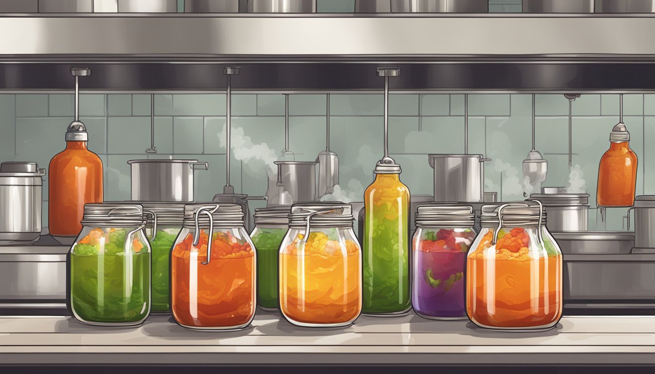 Freshly made hot sauce being poured into glass jars, steam rising as the liquid fills each container