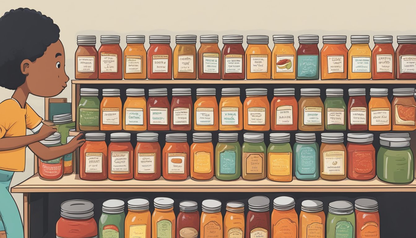 A shelf lined with colorful jars of homemade hot sauce, with labels indicating different spice levels and flavors. A person reaches for a jar to add a kick to their meal