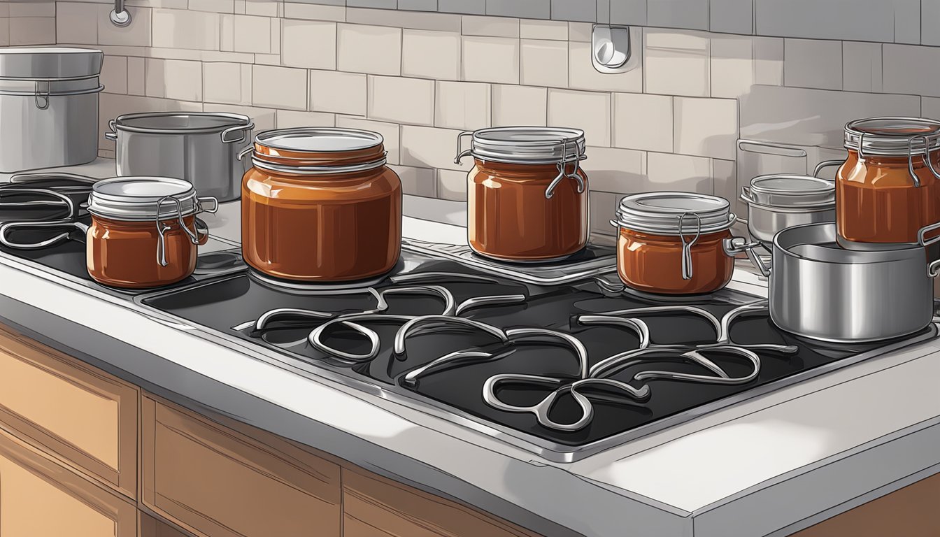 A pot simmering on a stovetop, filled with a rich, red barbecue sauce. Jars and lids lined up on the counter, ready for canning