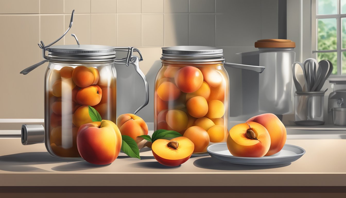 A kitchen counter with fresh nectarines, mason jars, a pot of boiling water, and a ladle for preserving nectarines through canning