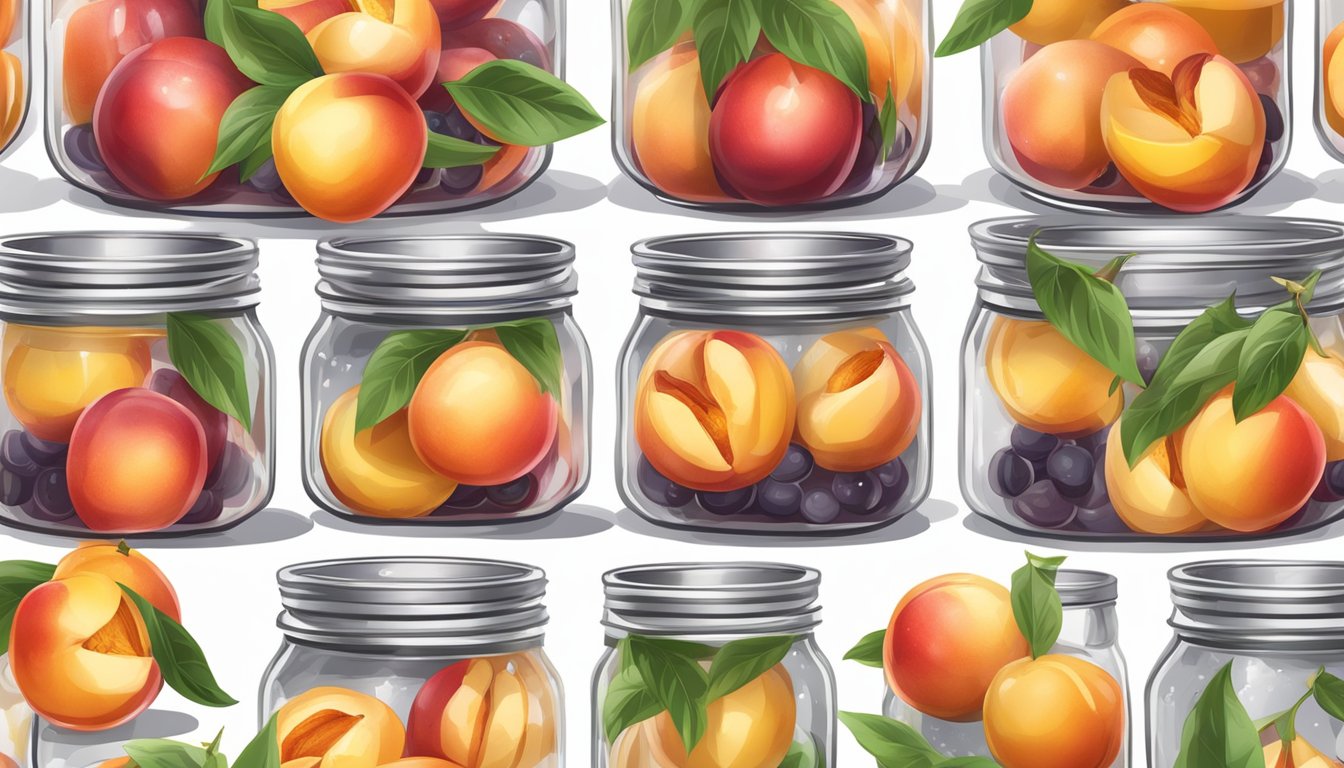 Ripe nectarines being washed, peeled, sliced, and placed into glass canning jars. Boiling water bath processing to seal and preserve the fruit