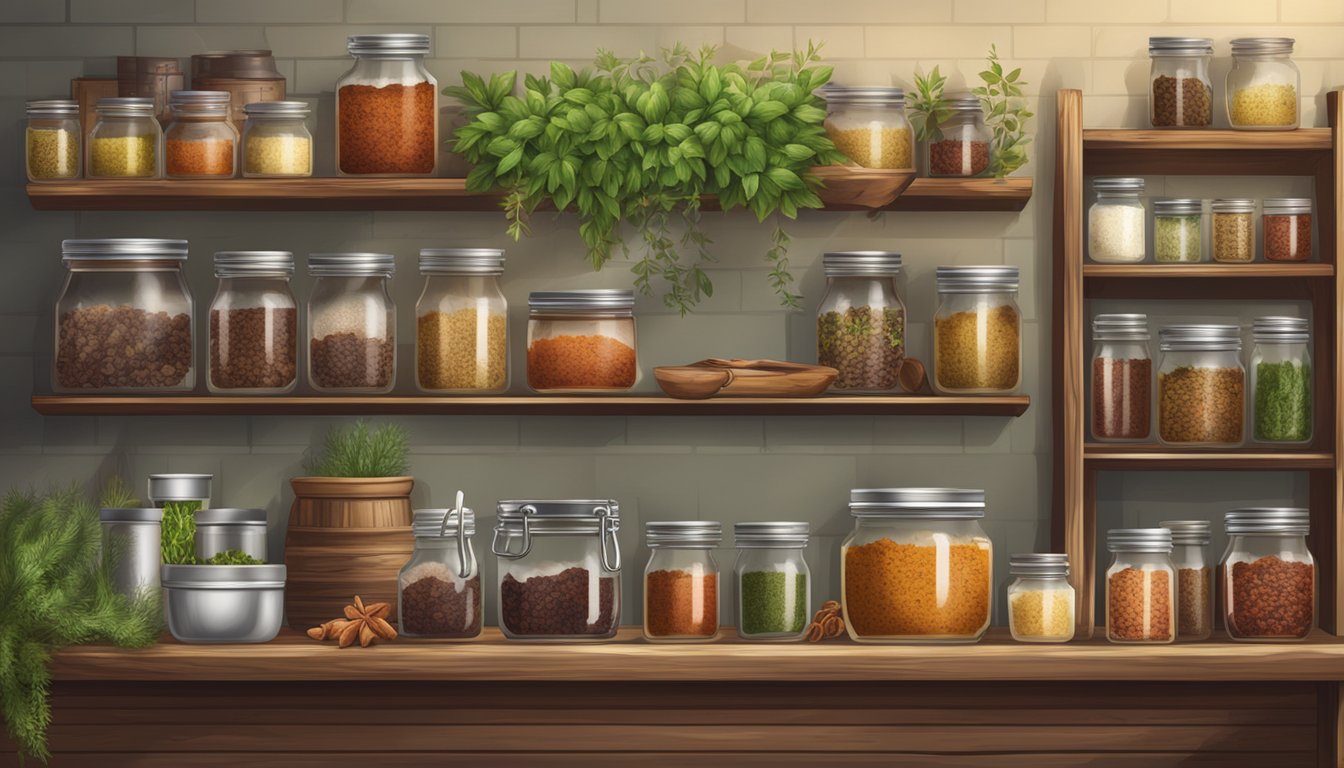 A rustic kitchen with jars of canned wild boar meat on wooden shelves, surrounded by hanging herbs and spices