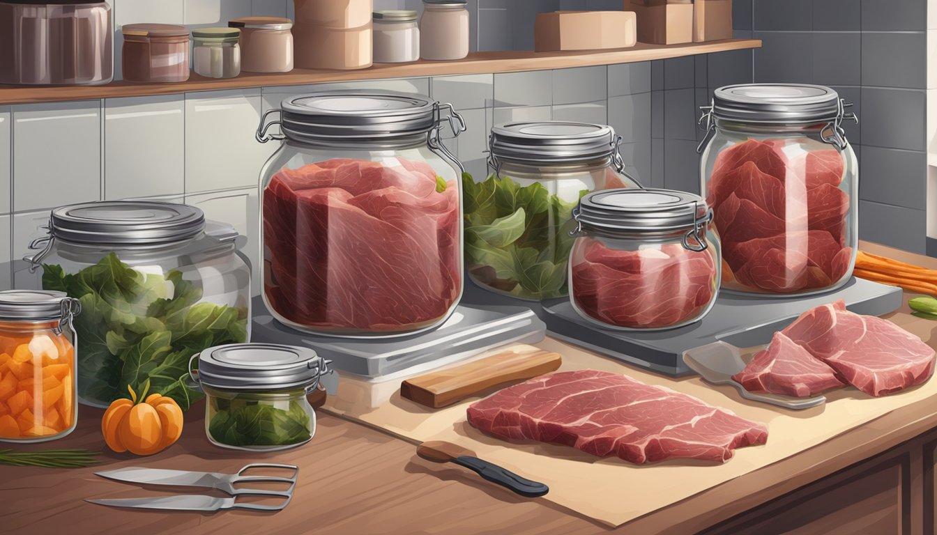 Wild boar meat being carefully sealed in glass jars, surrounded by a clean and organized kitchen with all necessary tools and equipment for canning