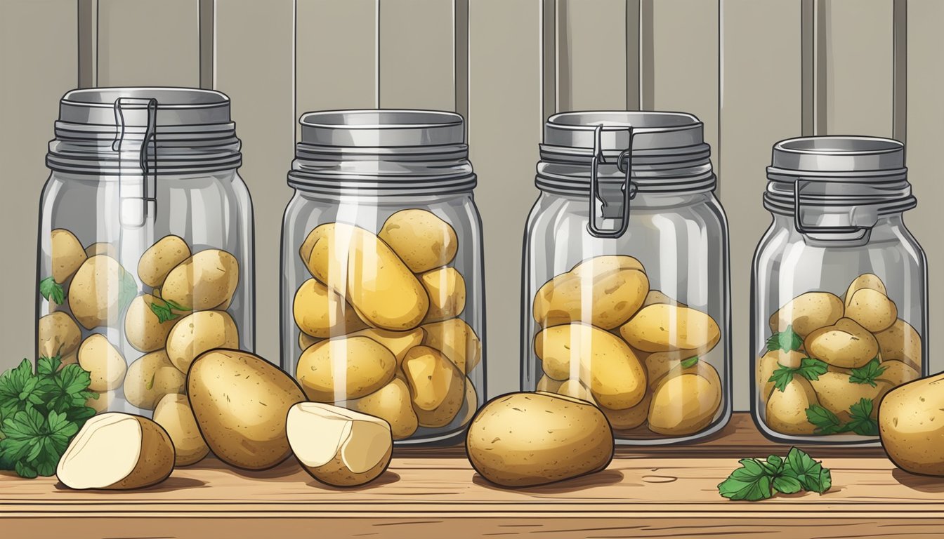 Potatoes being peeled and placed into glass jars, followed by boiling water poured over them. Jars sealed and set on a shelf