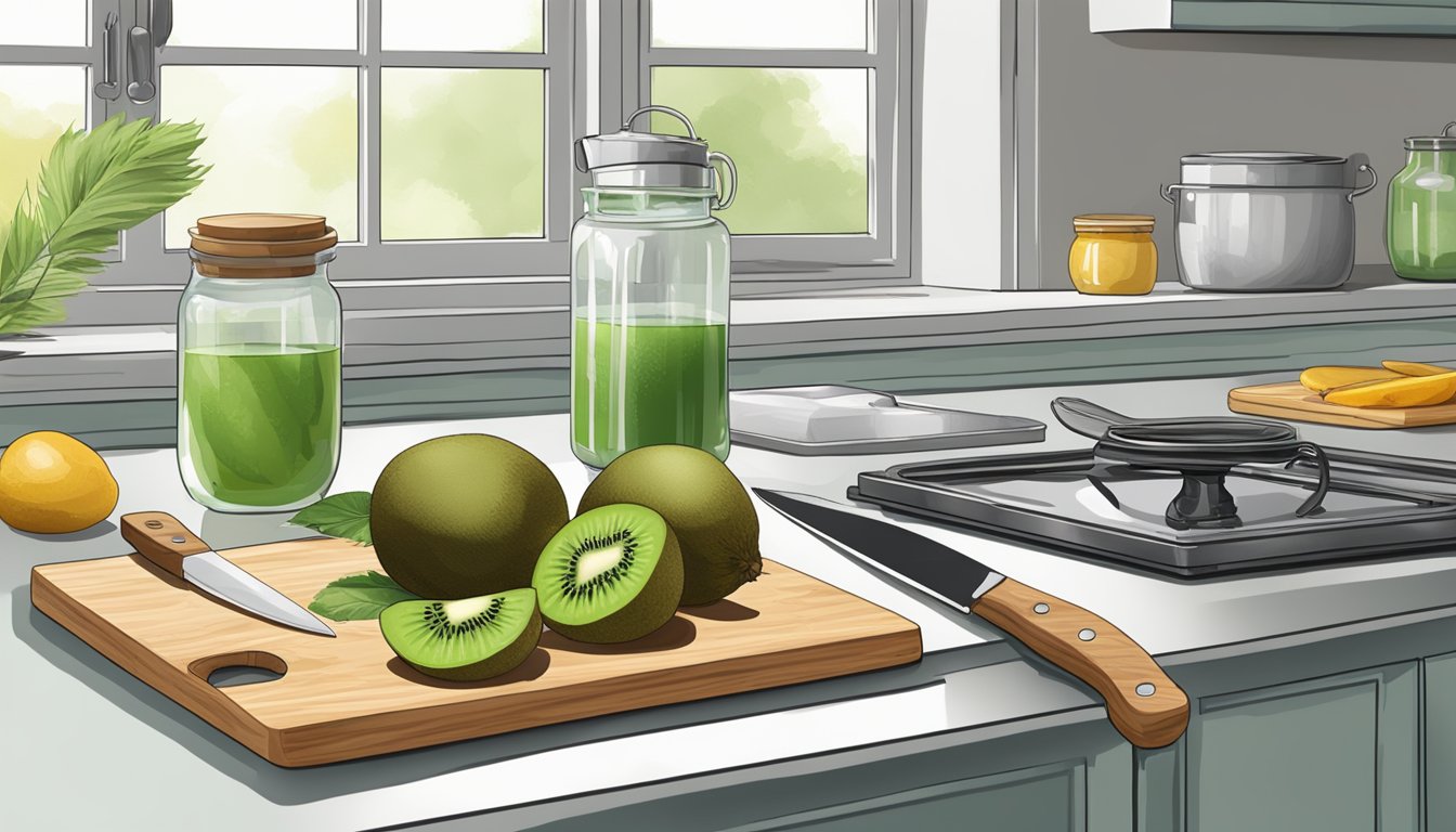 A kitchen counter with a cutting board, knife, and kiwi fruit. A pot of boiling water and glass jars ready for canning