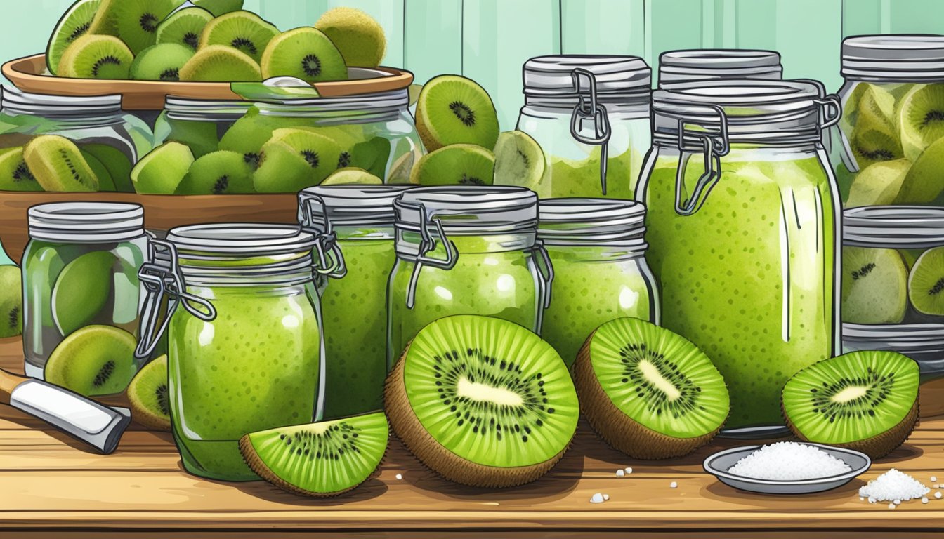 Ripe kiwi fruit being sliced and placed into glass jars, surrounded by sugar and flavor enhancers, ready for canning