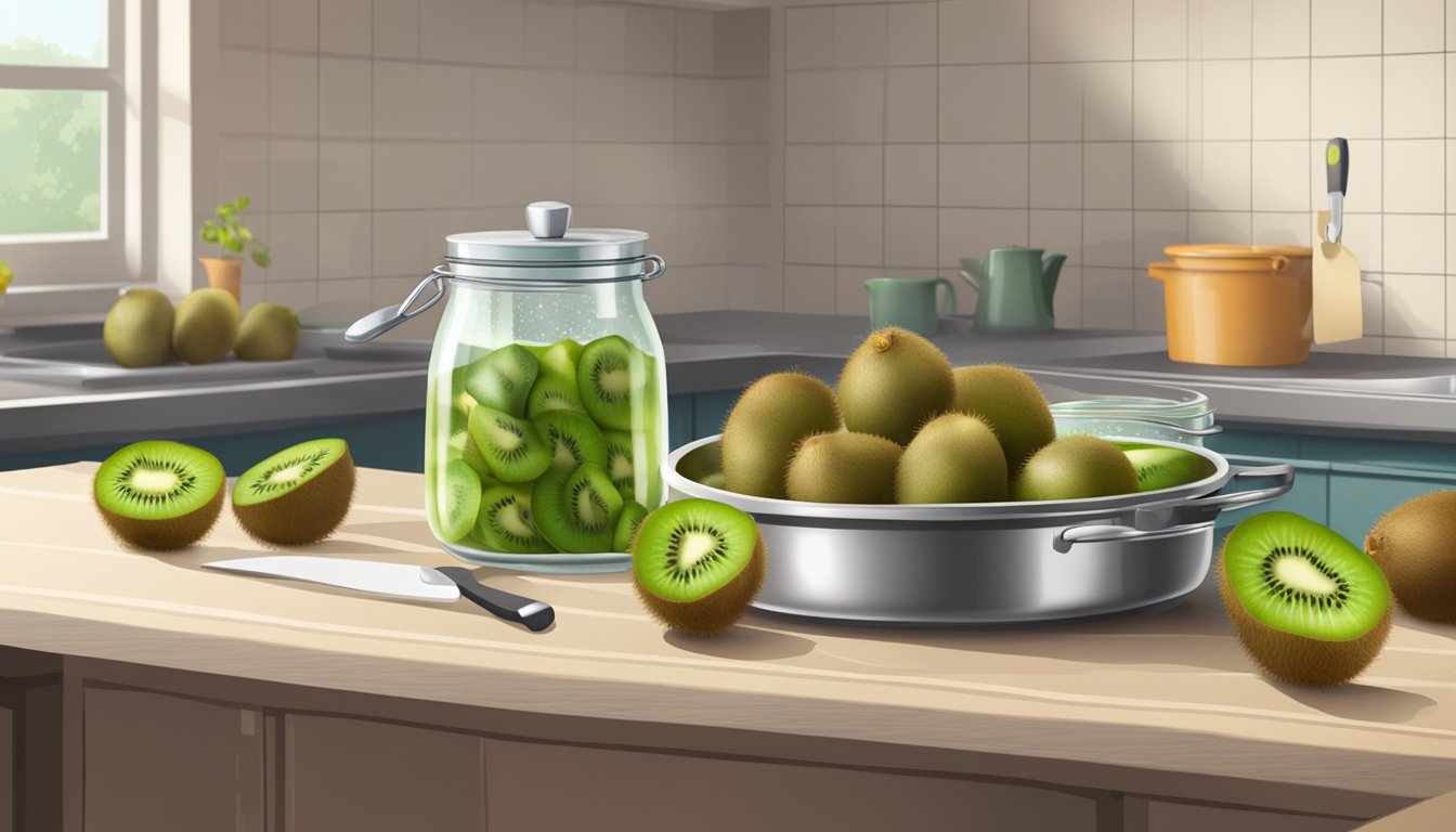 A kitchen counter with a row of freshly picked kiwi fruit, a cutting board, a knife, and a pot of boiling water for canning