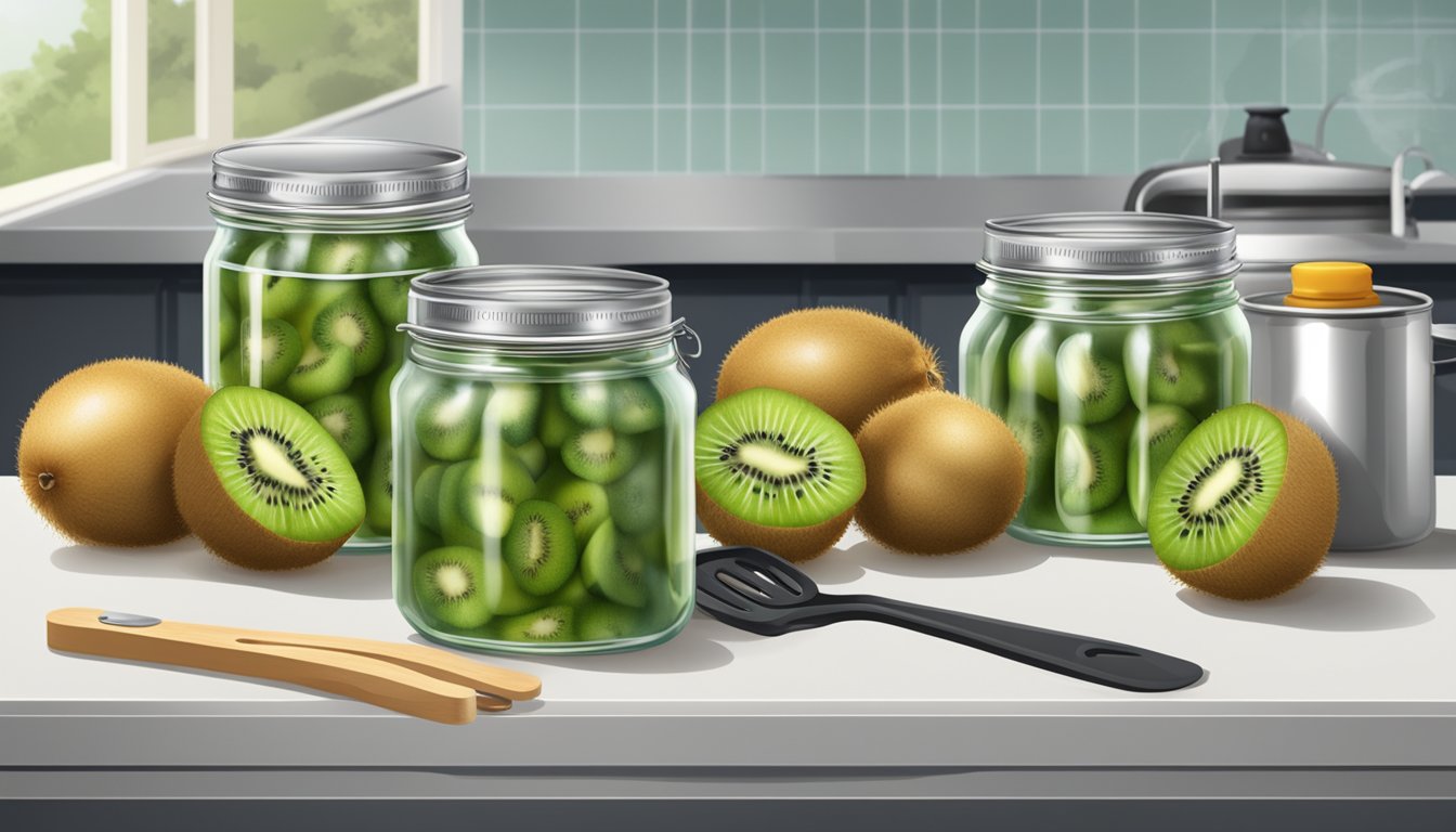 A kitchen counter with jars of canned kiwi fruit, a pot of boiling water, and a pair of tongs for handling the hot jars