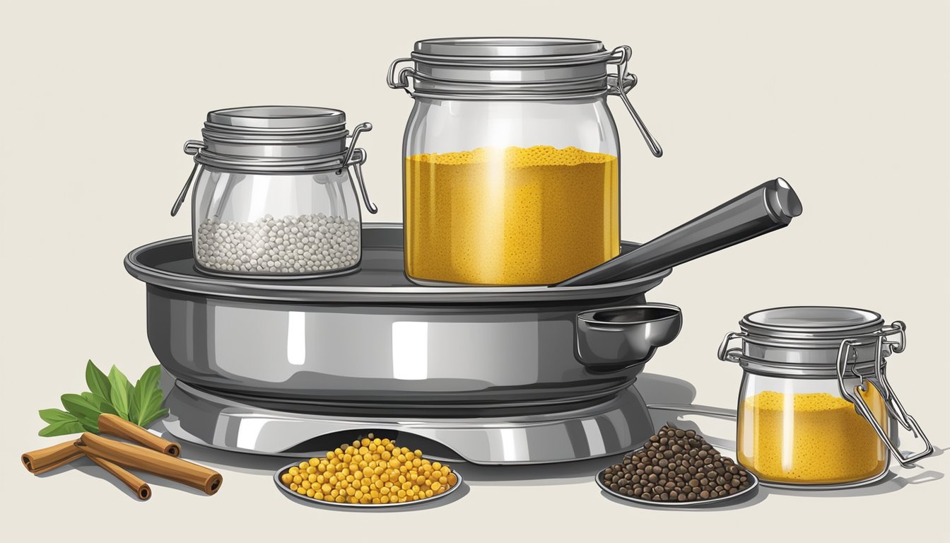 A table with jars, mustard seeds, vinegar, and spices. A pot simmering on a stove. A funnel and ladle ready for filling