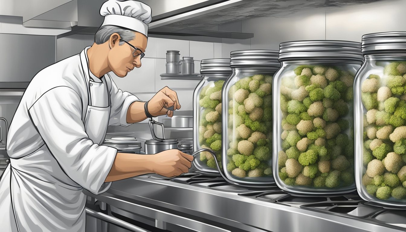 A chef sealing jars of lamb in a pressure canner at a high-altitude kitchen