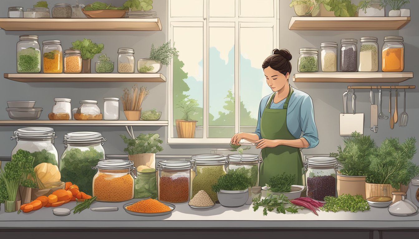 A kitchen scene with a person canning lamb in glass jars, surrounded by fresh herbs and spices, with a shelf of preserved goods in the background