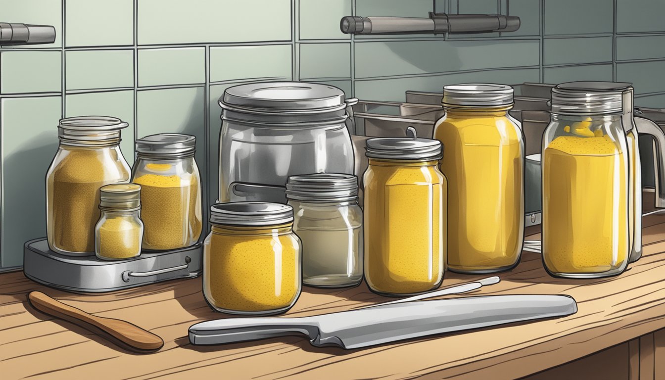 A kitchen counter with jars of homemade mustard, a pot of boiling water, and a canning kit laid out