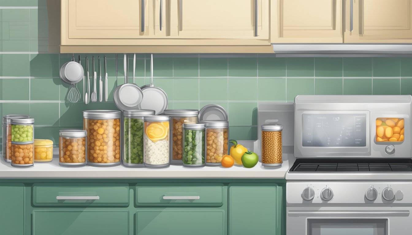 A kitchen counter with rows of canned lamb, a pot of boiling water, and a label maker on the side