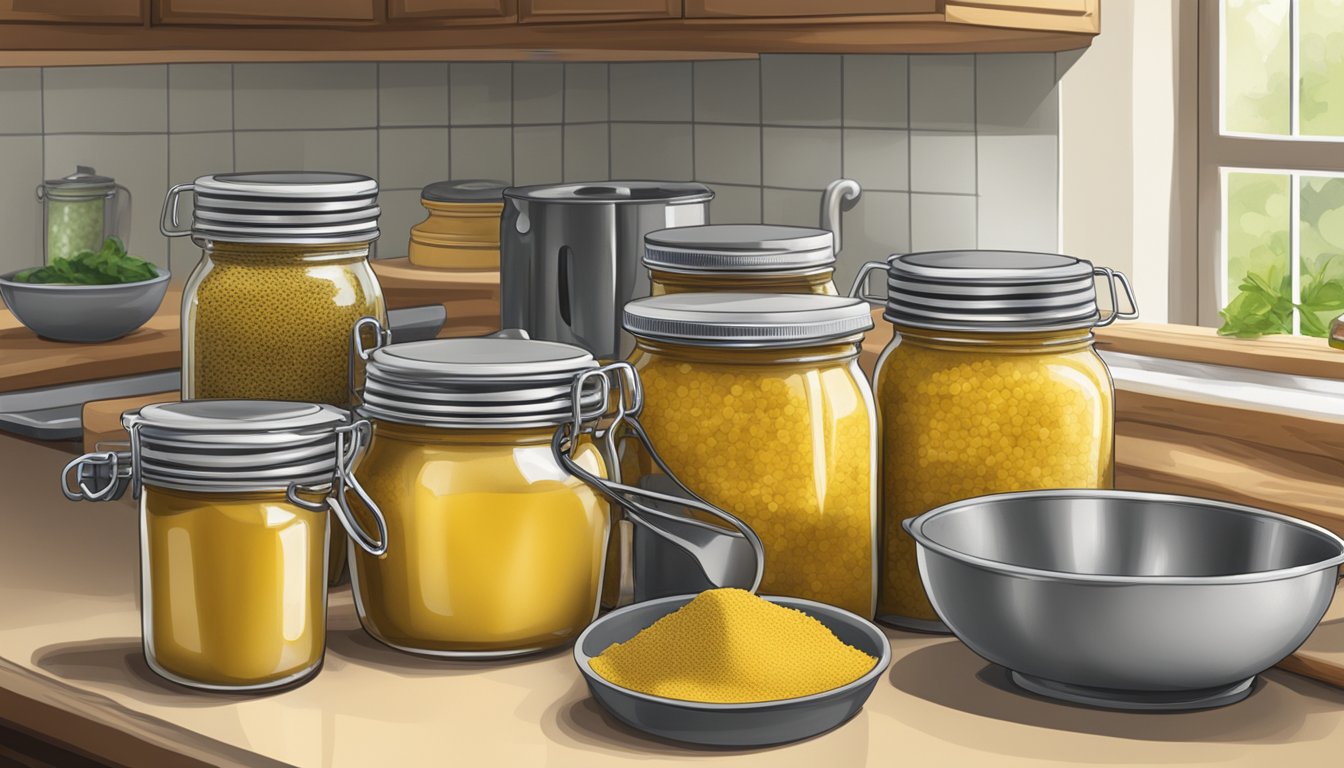 A kitchen counter with jars of homemade mustard, canning equipment, and safety gloves