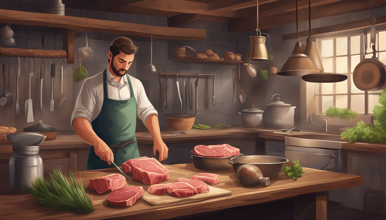 A butcher prepares and cans lamb meat in a rustic kitchen setting