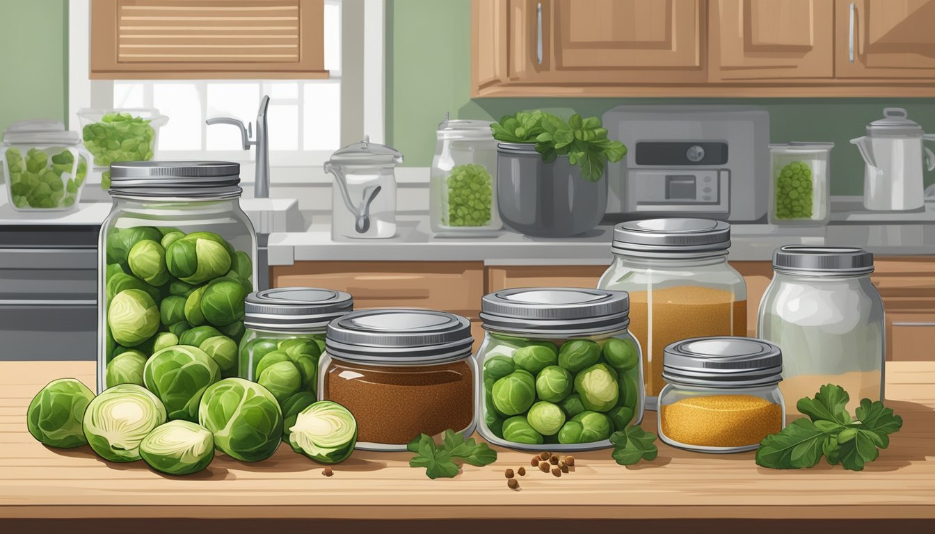 A kitchen counter with fresh Brussels sprouts, canning jars, a pot of boiling water, and various spices and seasonings laid out for home canning